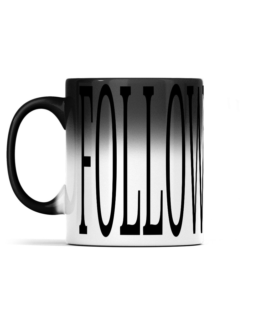 11oz FOLLOW Colour Changing Mug For Tea, Coffee Or Hot Drinks Black Colour When Cold FOLLOW Appears And Turns To White Ceramic Tea Cup When Warm
