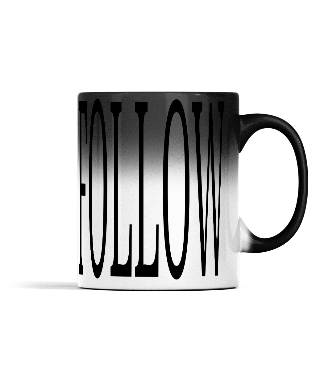 11oz FOLLOW Colour Changing Mug For Tea, Coffee Or Hot Drinks Black Colour When Cold FOLLOW Appears And Turns To White Ceramic Tea Cup When Warm