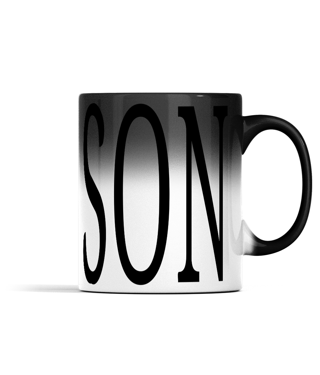 11oz SON Colour Changing Mug For Tea, Coffee Or Hot Drinks Black Colour When Cold SON Appears And Turns To White Ceramic Tea Cup When Warm